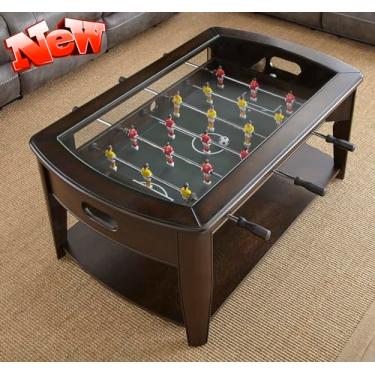 Imagem de Mesa de centro de pebolim versão atualizada de 114 cm L com vidro temperado para sala de estar, bolas de futebol multifuncionais, mesas de coquetel de jogo de pebolim com prateleira de armazenamento,