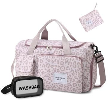 Imagem de WOOMADA Bolsa esportiva dobrável de viagem com compartimento para sapatos, bolsa noturna com bolso molhado e manga de carrinho, bolsas femininas impermeáveis e resistentes a rasgos, Oncinha rosa,