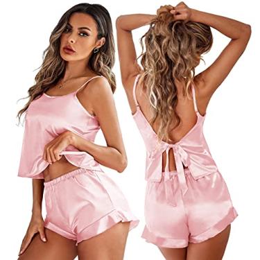 Imagem de Ekouaer Conjunto de pijama feminino de cetim de 2 peças, lingerie de seda macia, camiseta e shorts para dormir, Rosa, P