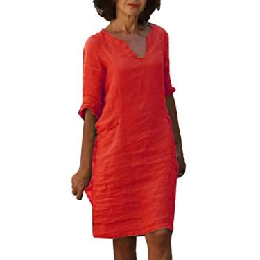 Imagem de Lainuyoah Vestido feminino 2024 casual primavera midi linho elegante 2024 boho manga curta linha A vestido camisa comprimento joelho, Vermelho A, GG