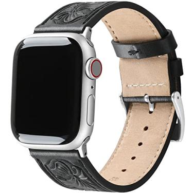 Imagem de Deeplus Pulseira de couro para Apple Watch SE séries 8, 7, 6, 5, 4, 3, 2 e 1 de 41 mm, 40 mm, 38 mm, preta, esculpida à mão, retrô, preta, prata