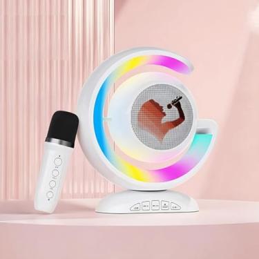 Imagem de Caixa de Som Portátil Karaokê com Microfone Sem Fio, Bluetooth, USB, Entrada Auxiliar, Som de , Efeitos de Voz, Iluminação RGB (Branco)