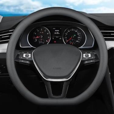 Imagem de XHRING Capa de volante de carro em forma de D para Volkswagen VW Atlas Tiguan ID.4 Taos Passat Golf Jetta Beetle Polo GTI CC Touareg SE SEL R-line S Acessórios esportivos cruzados, couro preto 2025