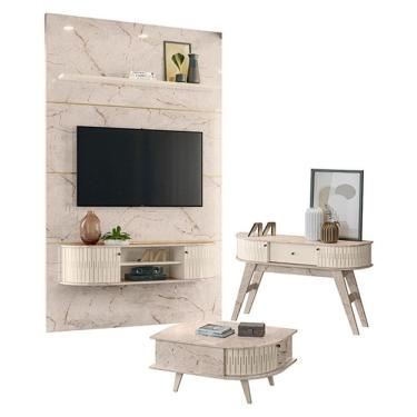 Imagem de Estante Home Theater com Bancada Suspensa Monte Carlo com Aparador Estoril e Mesa de Centro Indianápolis Calacata Off White – Madetec