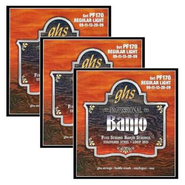 Imagem de GHS Strings PF170 Cordas para Banjo de 5 Cordas, Aço Inoxidável, Leve Regular (.009-.020), 3 Conjuntos de PF170
