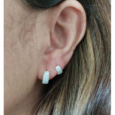 Imagem de Kit Brincos Argola Cravejada Feminino E Masculino Prata 925 - DR Joias