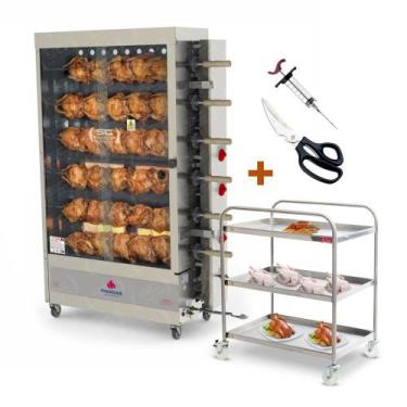 Imagem de Assador de Frango Gás 6 Espetos Infra Pr-631 + Tesoura + Carrinho Inox
