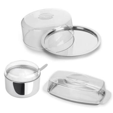 Imagem de Conjunto Inox Açucareiro Manteigueira Boleira 24 cm 3pc Multiuso Kit C