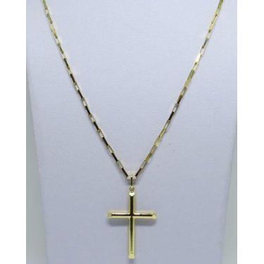 Imagem de Cordão Corrente Elo Quadrado 70cm Pingente Crucifixo Ouro18k - RD Maga