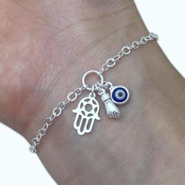 Imagem de Pulseira Feminina Patuá Olho Grego Figa Hamsá de Prata 925 - Hakuna Jo