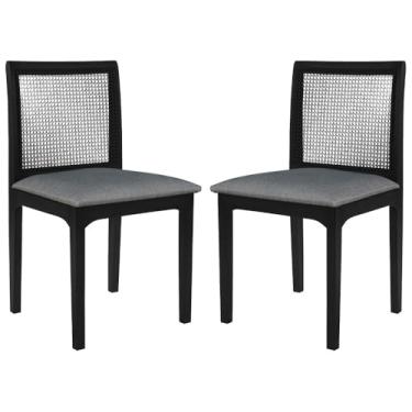 Imagem de Kit 02 Cadeiras Sala de Jantar Madeira Maciça Steve Tela Rattan Sextavano Linho Cinza/Ébano G55 - Gran Belo