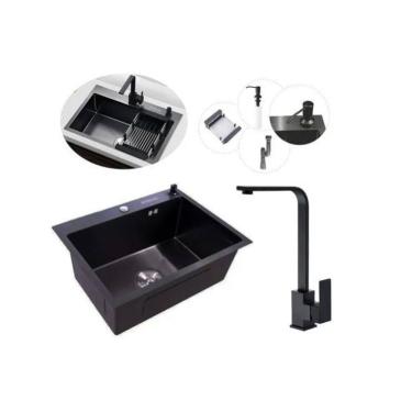 Imagem de Kit Cuba Pia Aço Inox Preta Quadrada Cozinha Torneira Slim