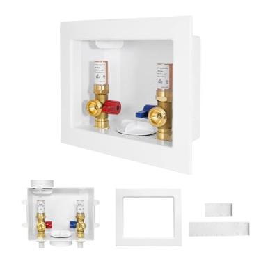 Imagem de 1 PACOTE Caixa de tomada de máquina de lavar GUOFIS com prendedor de martelo de água de cobre, caixa de lavadora de roupa PEX com design de dreno central e lateral (entrada de conexão CPVC de 1/5.1 cm