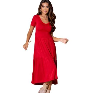 Imagem de Vestido Midi Soltinho Casual  Manga Curta Gola Redonda - Gisele Freita