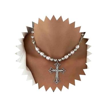 Imagem de Sttiafay Colar vintage com cruz de cristal e pérolas, colar com pingente de cruz de prata, colar gargantilha com contas de pérolas, colar de crucifixo exagerado, joia feminina, Zinco, Sem Pedra