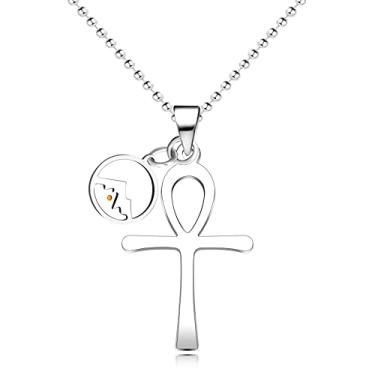 Imagem de Uloveido Colar com pingente religioso de cruz Ankh copta de aço inoxidável com pingentes de semente de mostarda, corrente de contas de 50 cm, Resina, resina