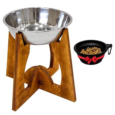 Imagem de Tigela elevada para cães – Alimentador elevado para cães médios – Suporte dobrável de 23 cm – Tigela para comida e água com suporte de madeira – 1 tigela de aço inoxidável incluída – Comedouro de