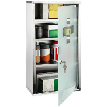 Imagem de Timgle Armário de parede de primeiros socorros com trava de medicamentos montado na parede armário médico suspenso com porta de vidro de segurança para banheiro (4 prateleiras, prata)