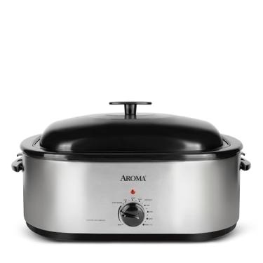 Imagem de AROMA® 20Qt. Forno assador com tampa de auto-alinhamento, serve para peru de 11 kg, ajustes de temperatura ajustáveis, ajuste para manter quente, aço inoxidável (ART-720S)