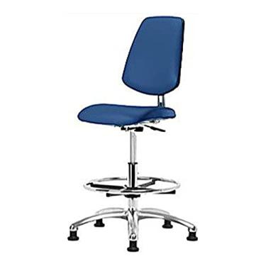 Imagem de Thomas 1163V89 Cadeira Básica ESD/Cleanroom Vinil Alto Altura com Fundo Médio, Base Cromada, Anel de Pé Cromado, Rodízios ESD, Azul