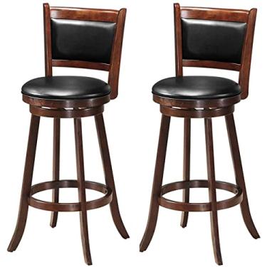 Imagem de Conjunto de 2 bancos de bar Hysache, cadeiras giratórias de madeira com apoio para os pés, assento acolchoado de PVC, banco de cozinha giratório de 360°, ideal para sala de jantar, sala de estar,