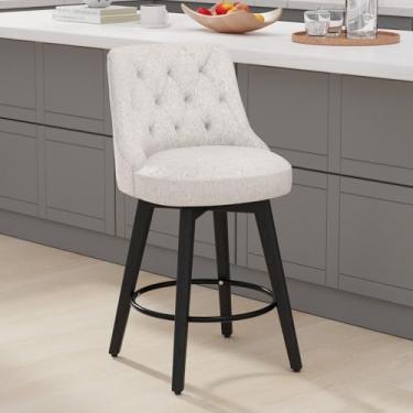 Imagem de Vipbear Bancos de bar estofados modernos de 66 cm, conjunto de banquetas giratórias espessas com encosto alto, cadeiras de bar com encosto alto, pernas de madeira para sala de jantar, ilha de cozinha,