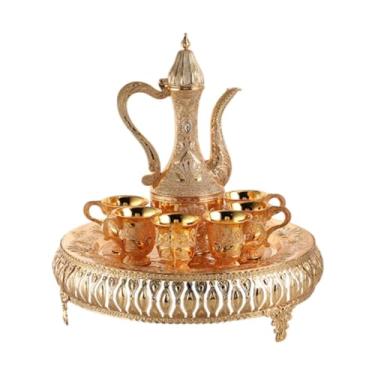 Imagem de YWJLQH Bule de chá bandeja de metal copos de metal conjunto de jarro de vidro de vinho decorativo turco conjunto de bule de chá de café turco para sala de,
