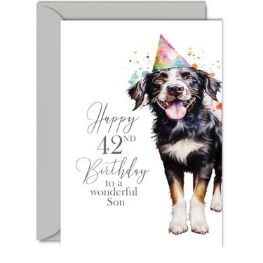 Imagem de Cartões de aniversário de 42 anos para filho - Cão de festa - Cartão de feliz aniversário para filho de 42 anos de idade do pai mãe, cartões de felicitações A5 aniversário homem homem ele presente