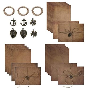 Imagem de SAVITA Conjunto de 30 envelopes vintage e papéis antigos, 16,5 x 11,5 cm, 6 envelopes antigos e 12 x papel antigo com 6 cordas de cânhamo, 6 pingentes de metal para escrever (estilo 1)