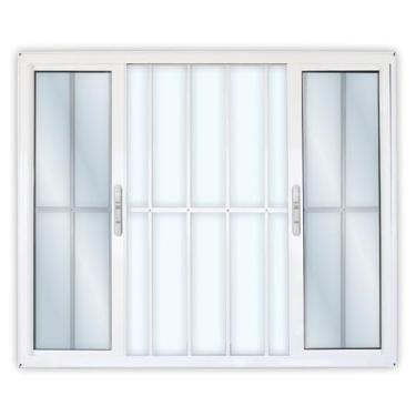 Imagem de Janela de Alumínio de Correr 100x120cm 4 Folhas 2 Fixas com Grade e Vidro Liso Linha Solida Mgm Branco
