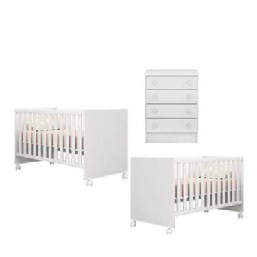 Imagem de Quarto de Bebê Berço Gemeos c/ Rodízios e Cômoda Doce Sonho Branco Qmo