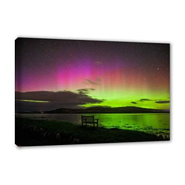 Imagem de Arte de parede em tela Aurora Boreal - Impressão de pintura de paisagem em tela - Céu estrelado colorido paisagem da natureza - Giclée moderno esticado e emoldurado pronto para pendurar arte 60 x 90
