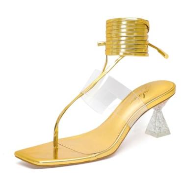 Imagem de Sandálias femininas de salto quadrado aberto com cadarço e salto com tiras, sandálias sexy de amarrar e salto grosso para festa de casamento, Dourado, 40