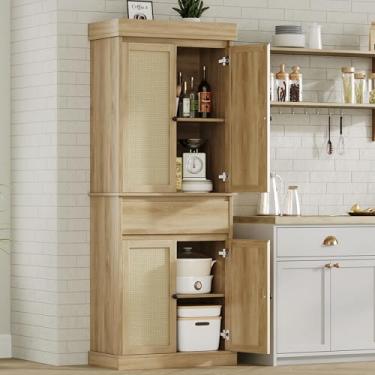 Imagem de GarveeHome Armário de despensa de cozinha, armário de armazenamento alto com portas de vime e prateleiras ajustáveis, armário independente com gaveta para banheiro, sala de jantar, sala de estar,