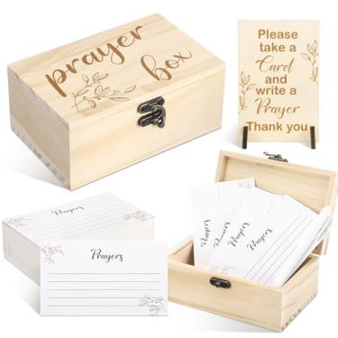 Imagem de Wonderjune 100 cartões de oração com folhas de caixa de oração caixa de madeira envelhecida 1 placa de assinatura de oração de madeira 5 canetas cartões de pedido para presentes cristãos de Natal