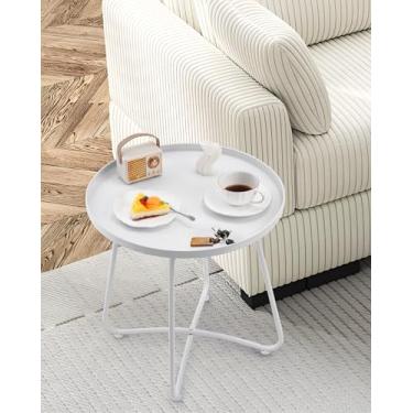 Imagem de Mesa redonda lateral pequena para sala de estar, quarto, mesa lateral externa resistente ao clima, mesas de pátio de metal para varanda de jardim, varanda e quintal, mesas redondas curtas