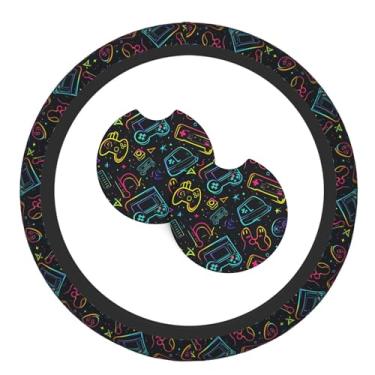 Imagem de Capa de volante Choose Your Weapon Gamer com 2 porta-copos de carro antiderrapante de neoprene para mulheres e homens, conjunto universal de 38 cm, elegante e prático