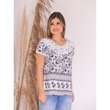 Imagem de Camiseta Blusa Feminina Estampada de Manga Curta com Renda e Viscose P