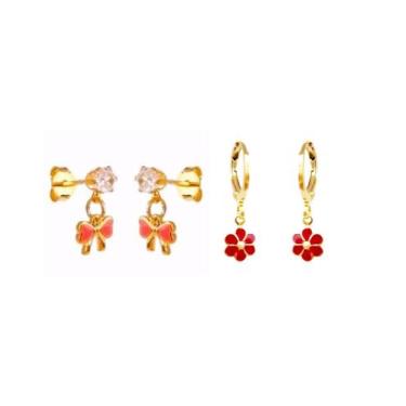 Imagem de Brinco Infantil 2 Pares Lacinho e florzinha Folheado Ouro - MIXFOLHEAD