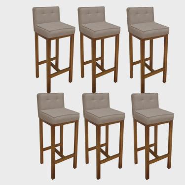 Imagem de Kit 06 Banqueta Alta Com Encosto Alba Cozinha Balcão Bistrô Base Madeira Carvalho Corino Bege - Ahz Móveis