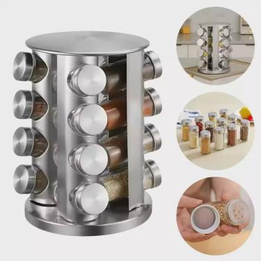 Imagem de Conjunto Porta Condimentos com Suporte em Aço Inox Giratório (16 Peças) - Temperos Chás Sementes - Mantimentos