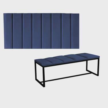 Imagem de Kit Painel Carla e Calçadeira Industrial 195cm King Size Box Ferro Preto Corino Azul Marinho - Ahz Móveis