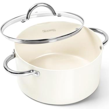 Imagem de MICHELANGELO Panela De Estoque Com Tampa, Antiaderente Para Cozinhar, Sopa 5 Litros Alça Aço Inoxidável, Compatível Indução, Creme