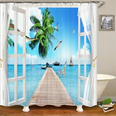 Imagem de Cenário litorâneo Praia Banheiro Cortina de chuveiro Decoração para casa Cortina Anti-mofo Cortinas de chuveiro à prova d'água com gancho, DM4270, L180 x A180 cm
