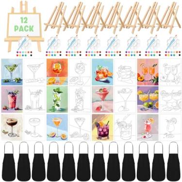 Imagem de Motipuns 12 conjuntos de telas pré-desenhadas para pintura com cavaletes kit de pintura e kit de pintura desenhado com pincéis de pintura em tela impressa, paleta, avental para adultos (Cocktails)