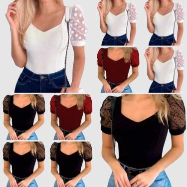 Imagem de Kit 10 Body Feminino Manga Curta Tule Bufante Poá Casual Elegante - Sw