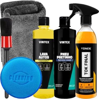 Imagem de Kit Estética Automotiva Lava Autos Vintex Pneu Pretinho Tok Final Pincel Detalhamento Aplicador Toalha Karbox