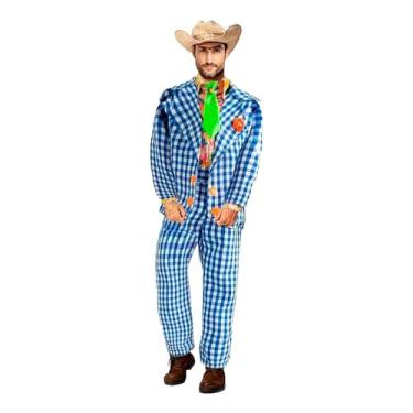 Imagem de Roupa Plus Size de Festa Junina Xadrez Completa Fantasia Jeca Tatu Adulta Masculina de Luxo (AZUL, XGG 48-50)