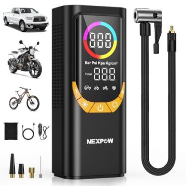 Imagem de NEXPOW Compressor de ar portátil NP17, inflador digital de pneu de 150 PSI, enchimento rápido com desligamento automático, luz LED, vários bocais para carro, bicicleta e bola, design compacto, amarelo