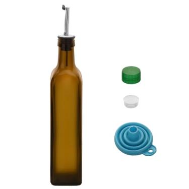 Imagem de 1 garrafa dispensadora de azeite de oliva de 500 ml, conjunto dispensador de óleo de vidro e vinagre de 500 ml com 1 dosador de aço inoxidável, garrafas de óleo de funil para cozinha (marrom)